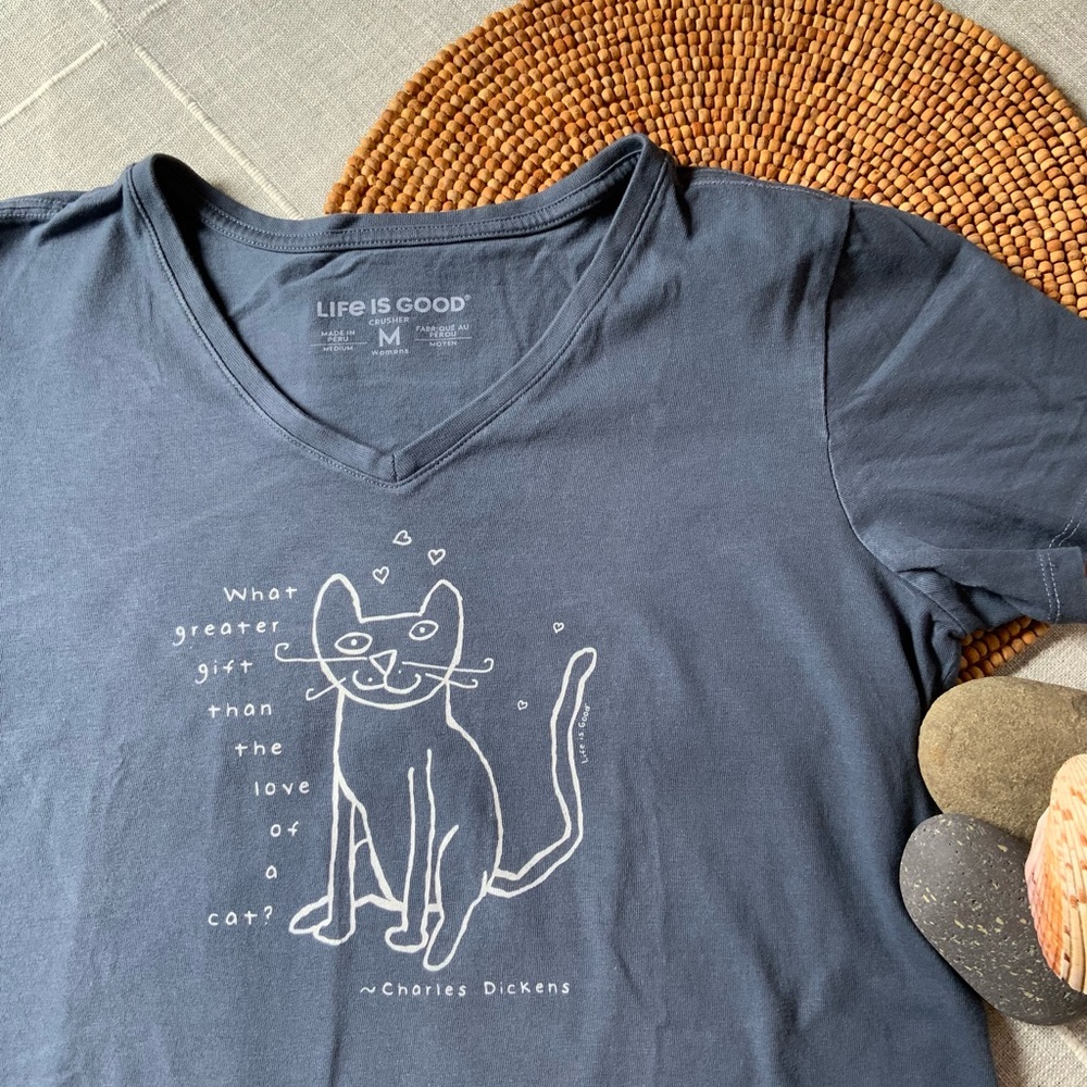 Calling All Cat Lovers! Life Is Good Women’s V-neck Tee - Medium